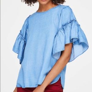 Ann Taylor Loft chambray Ruffle Sleeve Top